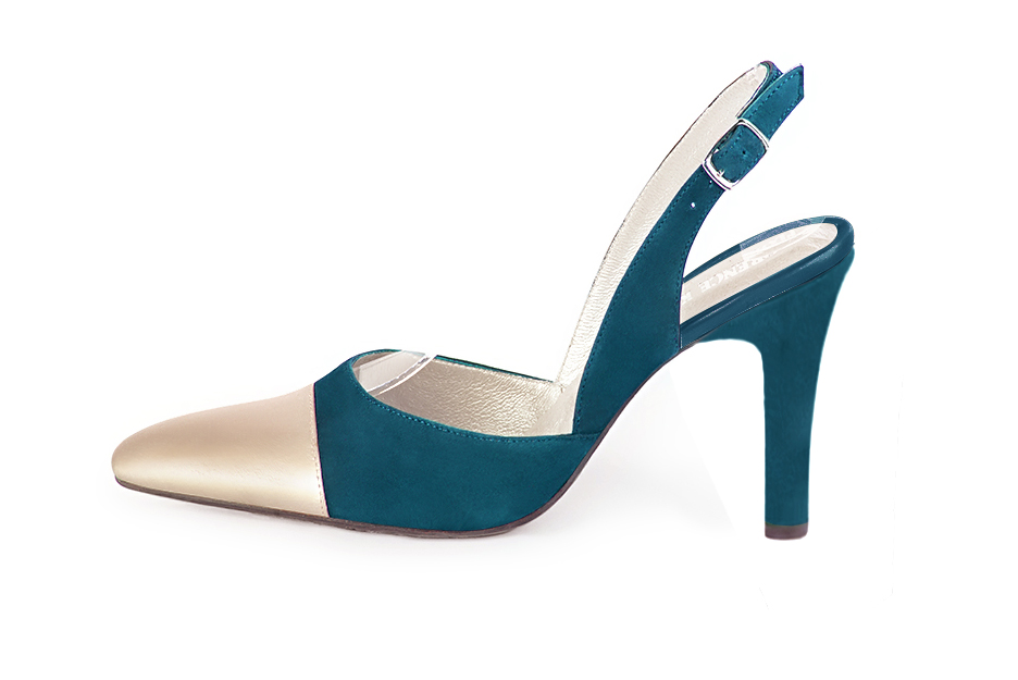 Gold and peacock blue elegant slingback heels. Tapered toe. High kitten heels. - Florence KOOIJMAN